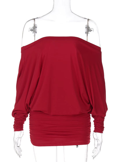 Women Fashion Slash Neck Long Sleeve Sexy Oversize Pleasted Mini Dress Autumn Winter Y2K Clothes Party Streetwear Club