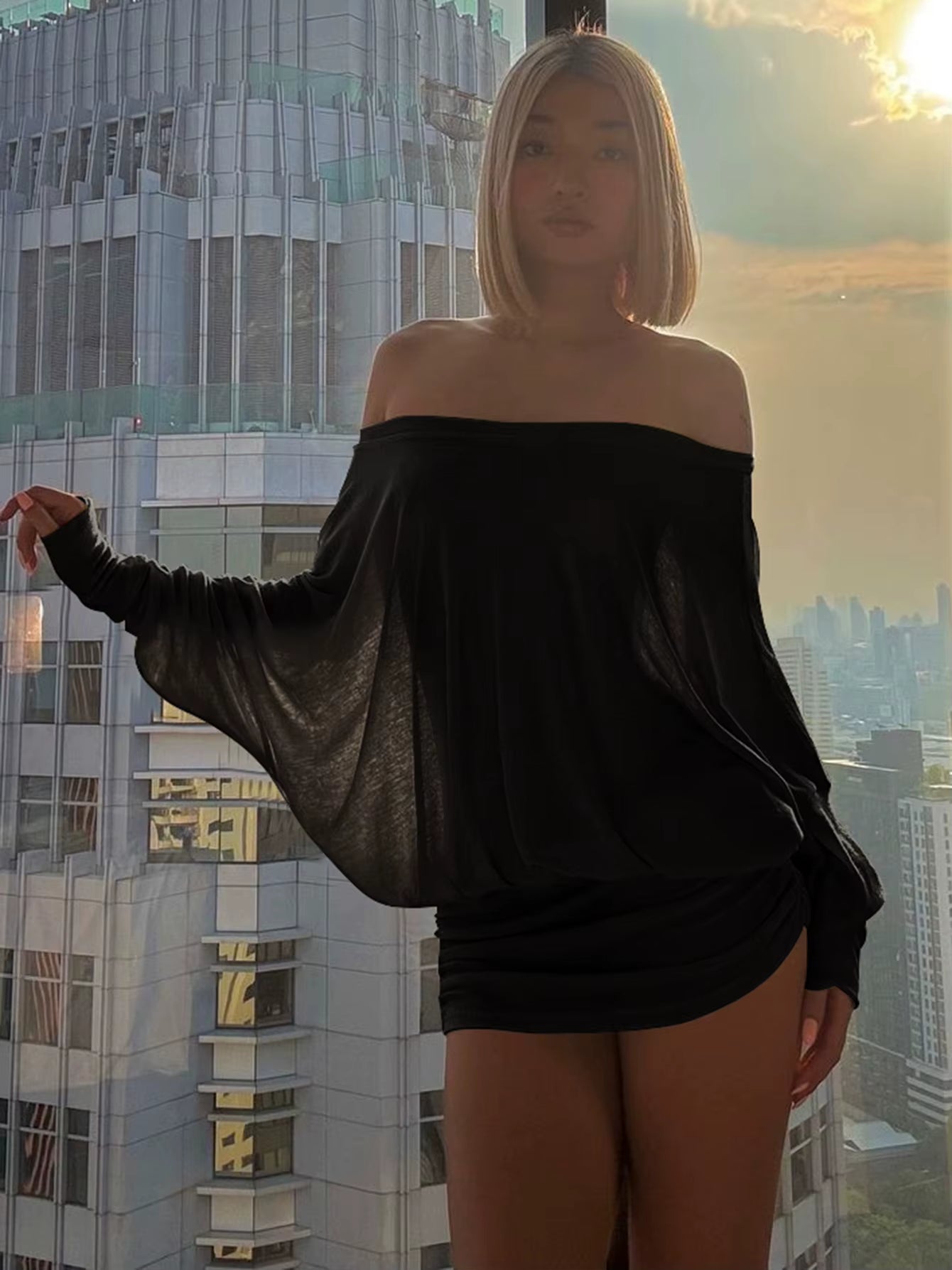 Women Fashion Slash Neck Long Sleeve Sexy Oversize Pleasted Mini Dress Autumn Winter Y2K Clothes Party Streetwear Club