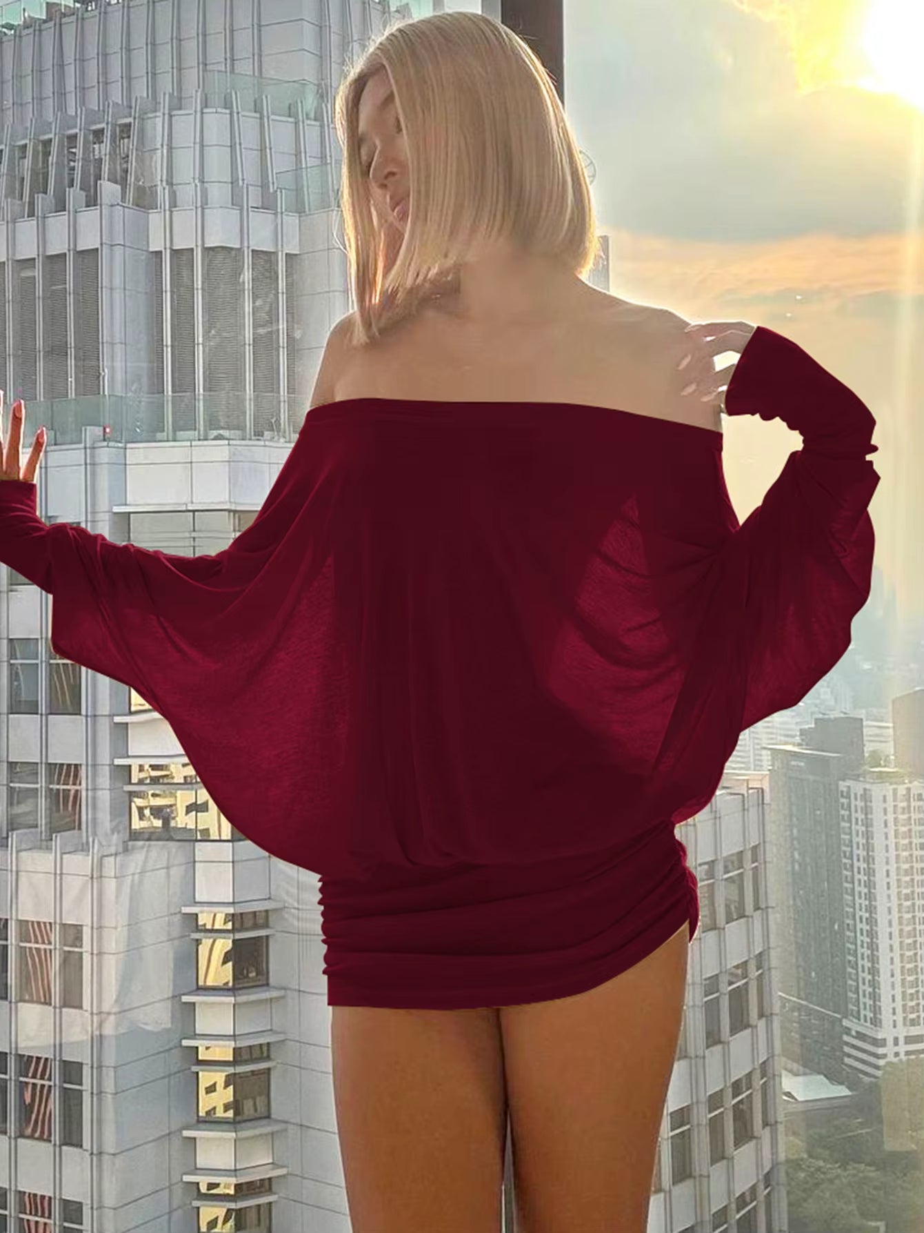 Women Fashion Slash Neck Long Sleeve Sexy Oversize Pleasted Mini Dress Autumn Winter Y2K Clothes Party Streetwear Club