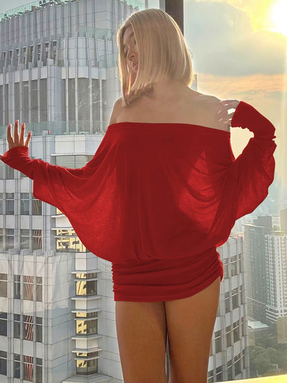 Women Fashion Slash Neck Long Sleeve Sexy Oversize Pleasted Mini Dress Autumn Winter Y2K Clothes Party Streetwear Club