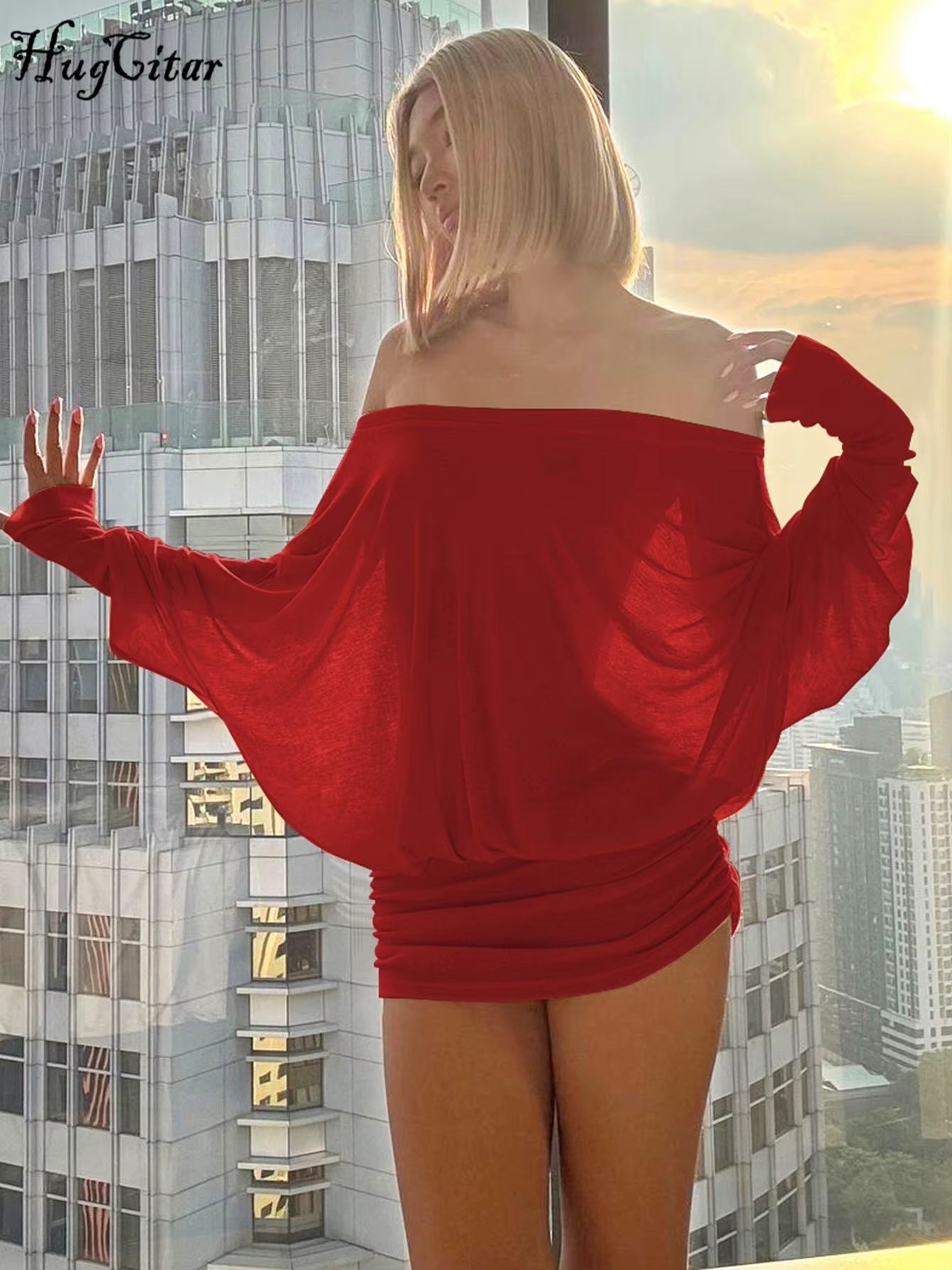 Women Fashion Slash Neck Long Sleeve Sexy Oversize Pleasted Mini Dress Autumn Winter Y2K Clothes Party Streetwear Club