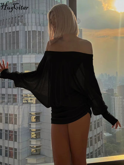 Women Fashion Slash Neck Long Sleeve Sexy Oversize Pleasted Mini Dress Autumn Winter Y2K Clothes Party Streetwear Club